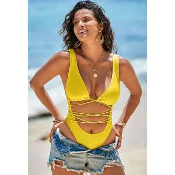 Sovoyontee 2025 Women's Sexy Cheeky One Piece Swimsuits Cut Out Thong Bikini Bathing Suit Monokini Neon Yellow M