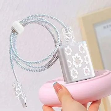 Cute Flowers DIY Protectors Cable Protector for iPhone Charger,Elegant White Camellia Pattern,Data Cable USB Charger Data Line Earphone Wire Saver for iPhone X 13 12 11 Pro Max