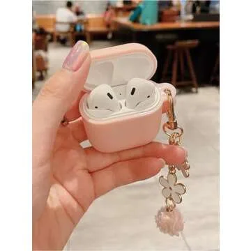 Cute Pink Case for Airpods 2nd/1st Generation Cover for Girl Women with Pom pom Flower Keychain & Cleaner Kit, Soft Silicone Airpods iPod 2nd/1st Gen Protective Cover Skin for Airpods 2/1, Pink