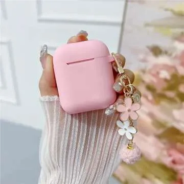 Cute Pink Case for Airpods 2nd/1st Generation Cover for Girl Women with Pom pom Flower Keychain & Cleaner Kit, Soft Silicone Airpods iPod 2nd/1st Gen Protective Cover Skin for Airpods 2/1, Pink