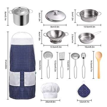 KODATEK Play Kitchen Accessories, Kids Kitchen Pretend Play Toys, Kitchen Set with Stainless Steel Cooking Utensils Cookware Pots and Pans Set Healthy Vegetables, Knife, Apron, Little Chef Boys Girls
