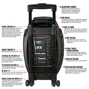 QFX PBX-61081 Portable Speaker | 8" Woofer, Bluetooth, 400W