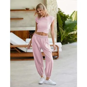 Seetaa Womens 2 Piece Sweatsuits Sets Casual Workout Cropped Tee Top High Rise Sweatpants Athletic Tracksuits(Pink-XS)