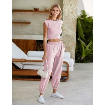 Seetaa Womens 2 Piece Sweatsuits Sets Casual Workout Cropped Tee Top High Rise Sweatpants Athletic Tracksuits(Pink-XS)