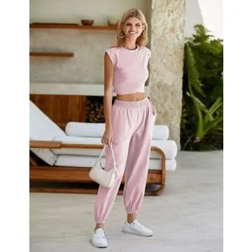 Seetaa Womens 2 Piece Sweatsuits Sets Casual Workout Cropped Tee Top High Rise Sweatpants Athletic Tracksuits(Pink-XS)