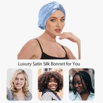 Adjustable Silk Satin Bonnet for Sleeping Hair Wrap, Double Layer Sleep Cap, Night Turban for Large Long Curly Braid Women Men Hair - Aqua Sky Blue