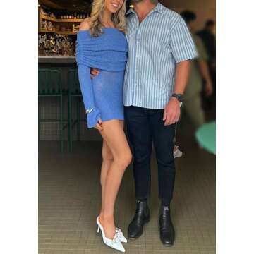 LETSVDO Womens Off The Shoulder Dresses Mini Knitted Slim Tight Mesh Sweater Dress Cocktail Date Night Short Dresses Blue