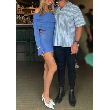 LETSVDO Womens Off The Shoulder Dresses Mini Knitted Slim Tight Mesh Sweater Dress Cocktail Date Night Short Dresses Blue