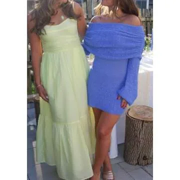 LETSVDO Womens Off The Shoulder Dresses Mini Knitted Slim Tight Mesh Sweater Dress Cocktail Date Night Short Dresses Blue