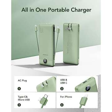 VEGER Portable Charger for iPhone Built in Cables and Wall Plug, 10000mah Slim Fast Charging USB C Power Bank, Travel Essential Battery Pack Compatible with iPhones, iPad, Samsung More Devices(Green)