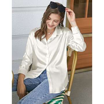 Chigant Women's Satin Silk Long Sleeve Button Down Shirt Casual Loose Work Blouse Top Beige