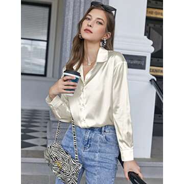 Chigant Women's Satin Silk Long Sleeve Button Down Shirt Casual Loose Work Blouse Top Beige