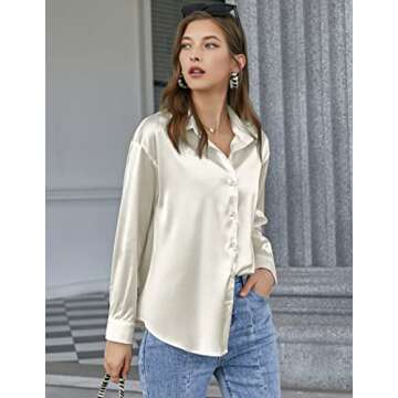 Chigant Women's Satin Silk Long Sleeve Button Down Shirt Casual Loose Work Blouse Top Beige