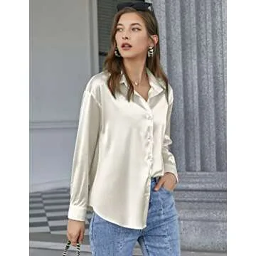 Chigant Women's Satin Silk Long Sleeve Button Down Shirt Casual Loose Work Blouse Top Beige