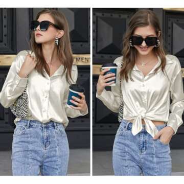 Chigant Women's Satin Silk Long Sleeve Button Down Shirt Casual Loose Work Blouse Top Beige