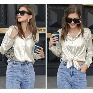 Chigant Women's Satin Silk Long Sleeve Button Down Shirt Casual Loose Work Blouse Top Beige