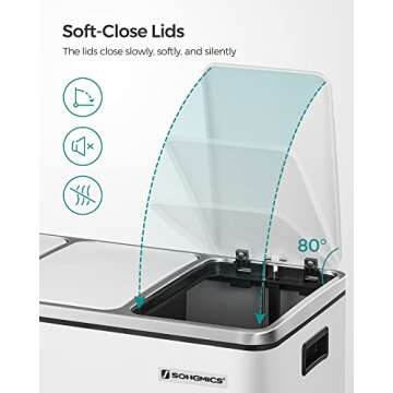 SONGMICS Trash Can, 3 x 4.8 Gallon Garbage Can, 14.4 Gallon Recycle Bin with Soft-Close Lids, Pedals, and Inner Buckets for Kitchen, Stainless Steel, White ULTB154W01