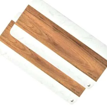 J QUATTUOR Acacia Wood and White Marble Mosaic Cheese Board, Cutting Board, Serving Tray, Charcuterie Platter for Cheese, Fruit, Meat, Rectangular