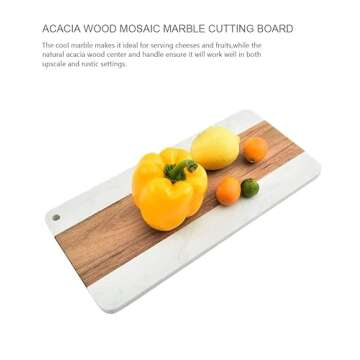 J QUATTUOR Acacia Wood and White Marble Mosaic Cheese Board, Cutting Board, Serving Tray, Charcuterie Platter for Cheese, Fruit, Meat, Rectangular