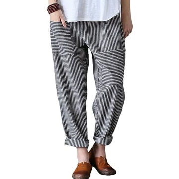 Minibee Women's Wide Leg Harem Pants Cotton Linen Striped Casual Palazzo Pants with Pockets Stripes-...