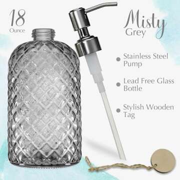 JASAI 18Oz Gray Glass Soap Dispenser with Rust Proof Pump, Refillable Kitchen Soap Dispenser for Dis...
