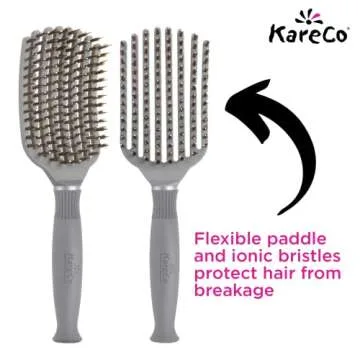 (All New) KareCo Tangle Buster Flexible Paddle Brush, Detangler & Styler for All Hair Types | Dual Nylon and Boar Bristles (9 Fingers)