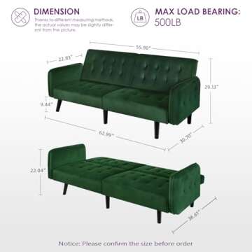 TYBOATLE 65" W Velvet Modern Convertible Folding Futon Couch Sofa Bed w/ 2 USB Charging Ports and arms, Loveseat for Living Room, Dorm, Apartment, Bedroom (Green)