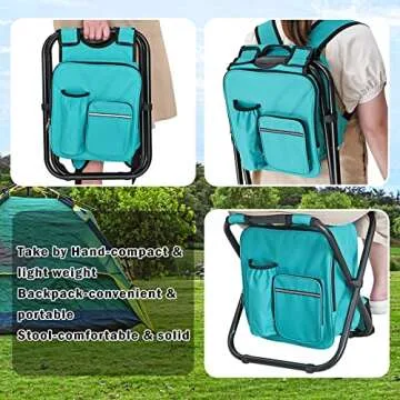 Kikerike Backpack Stool Cooler Chair Heavy Duty 400 LBS Max Load Portable Lightweight Stool Backpack Folding Fishing Cooler Stool for Camping Hunting Fishing - Blue-Green