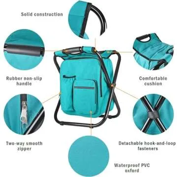 Kikerike Backpack Stool Cooler Chair Heavy Duty 400 LBS Max Load Portable Lightweight Stool Backpack Folding Fishing Cooler Stool for Camping Hunting Fishing - Blue-Green