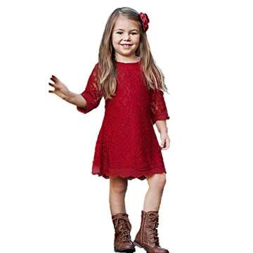 Flower Girl Dress, Lace Dress 3/4 Sleeve Dress (6-7Year, Red)