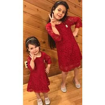 Flower Girl Dress, Lace Dress 3/4 Sleeve Dress (6-7Year, Red)