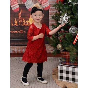 Flower Girl Dress, Lace Dress 3/4 Sleeve Dress (6-7Year, Red)