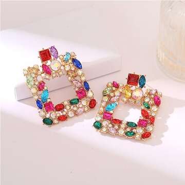 Colorful Vintage Rhinestone Square Statement Earrings Sparkly Geometric Crystal Drop Dangle Earrings...