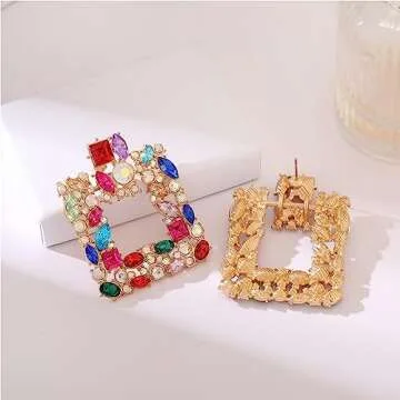Colorful Vintage Rhinestone Square Statement Earrings Sparkly Geometric Crystal Drop Dangle Earrings Fashion Jewelry Gift for Women