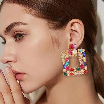 Colorful Vintage Rhinestone Square Statement Earrings Sparkly Geometric Crystal Drop Dangle Earrings Fashion Jewelry Gift for Women