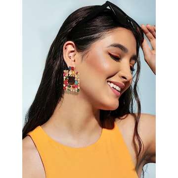 Colorful Vintage Rhinestone Square Statement Earrings Sparkly Geometric Crystal Drop Dangle Earrings Fashion Jewelry Gift for Women