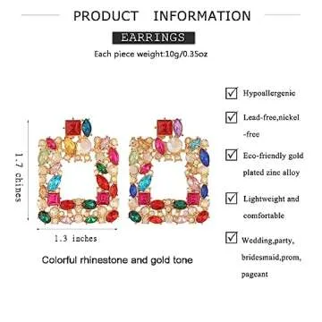 Colorful Vintage Rhinestone Square Statement Earrings Sparkly Geometric Crystal Drop Dangle Earrings Fashion Jewelry Gift for Women