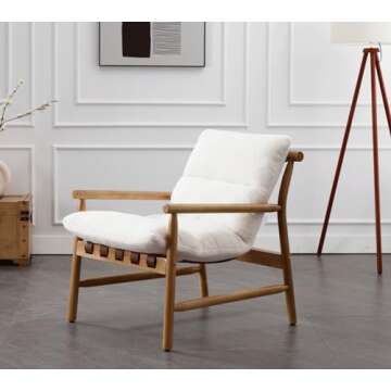 DM Furniture White Sherpa Accent Chair Mid Century Modern Living Room Chairs Comfy Arm Chair with Solid Wood Frame Upholstered Lounge Reading Chair Cozy Recliner for Bedroom/Guest Room