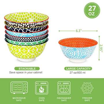 E-Gtong Colorful Ceramic Cereal Bowls - Set of 6, Durable & Functional