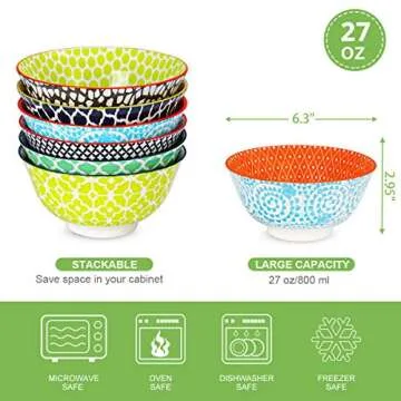 E-Gtong Colorful Ceramic Cereal Bowls - Set of 6, Durable & Functional