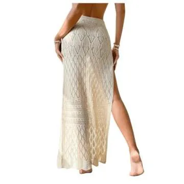 SHENHE Women's Crochet Swim Cover Up High Slit Sheer Long Beach Skirt Cover Up Apricot Small