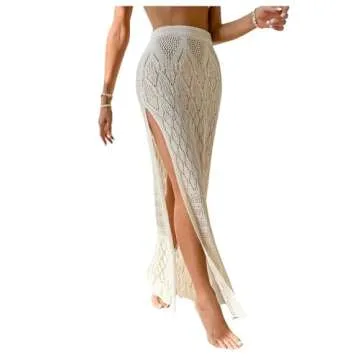 SHENHE Women's Crochet Swim Cover Up High Slit Sheer Long Beach Skirt Cover Up Apricot Small