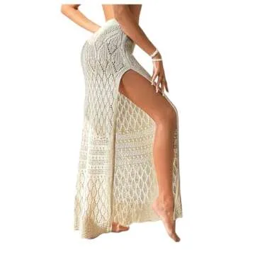 SHENHE Women's Crochet Swim Cover Up High Slit Sheer Long Beach Skirt Cover Up Apricot Small