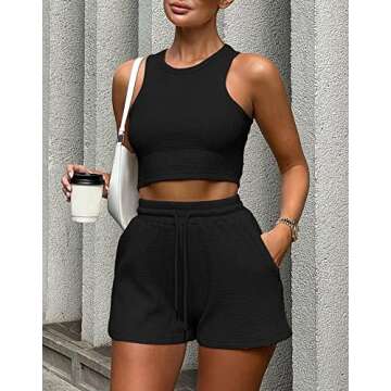 Lingswallow 2 Piece Women Lounge Sets - Sleeveless Crop Top and Shorts Waffle Lounge Set Tracksuits Sweatsuits for Women