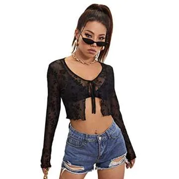 Floerns Black Sheer Mesh Long Sleeve Crop Top for Women