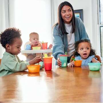 The First Years Take & Toss Toddler Straw Cups - Spill Proof Toddler Sippy Cups with Snap On Lids and Straws - Toddler Feeding Supplies and Birthday Party Supplies - 10 Oz - 20 Count