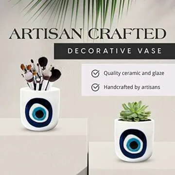 SLS SUPPLY FLORA - Modern Table Top Planter, Small Plant Pot for Home and Office, Hand-Painted Desk Planter, White Ceramic Pots for Plants and Succulents, Evil Eye Nazar Design