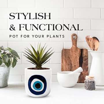 SLS SUPPLY FLORA - Modern Table Top Planter, Small Plant Pot for Home and Office, Hand-Painted Desk Planter, White Ceramic Pots for Plants and Succulents, Evil Eye Nazar Design