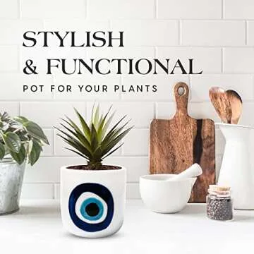 SLS SUPPLY FLORA - Modern Table Top Planter, Small Plant Pot for Home and Office, Hand-Painted Desk Planter, White Ceramic Pots for Plants and Succulents, Evil Eye Nazar Design