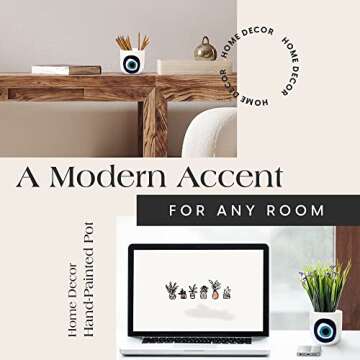 SLS SUPPLY FLORA - Modern Table Top Planter, Small Plant Pot for Home and Office, Hand-Painted Desk Planter, White Ceramic Pots for Plants and Succulents, Evil Eye Nazar Design